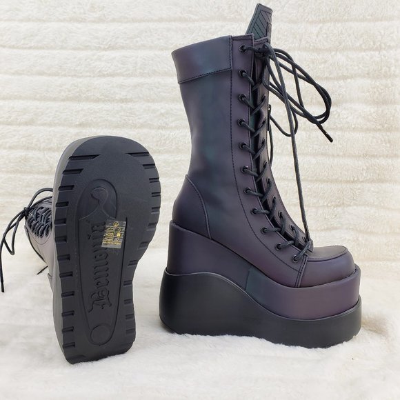 Void Purple Green Reflective Platform Wedge Mid Calf Goth Festival Boots NEW - Picture 10 of 17